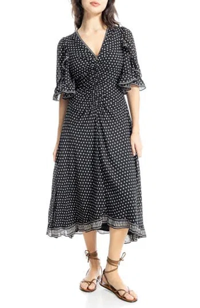 Max Studio Ruffle Sleeve Midi Dress In Black Ring Round Spots