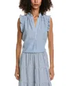 Max Studio Ruffle Sleeve Split Neck Top In Blue