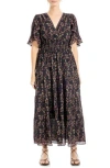 Max Studio Ruffle Sleeve Tiered Maxi Dress In Black/green Floral