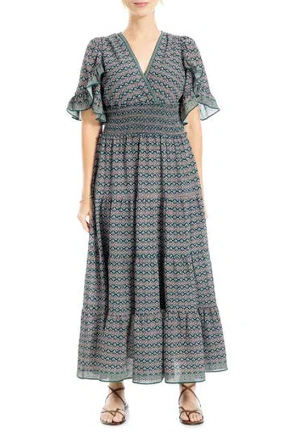 Max Studio Ruffle Sleeve Tiered Maxi Dress In Deep Forest Kaleidoscope