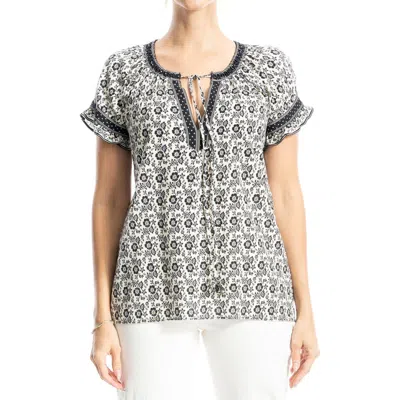 Max Studio Ruffle Sleeve Top In Cream/black Floral Stars