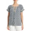 Max Studio Ruffle Sleeve Top In Natural Blues Ikat Stamp