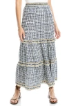 Max Studio Ruffle Tiered Midi Skirt In Natural Blues Ikat Stamp