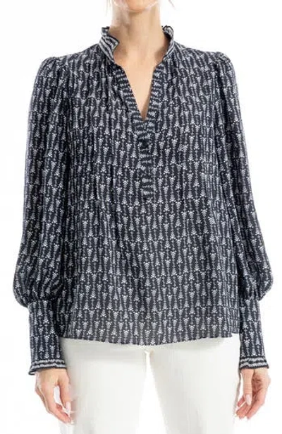 Max Studio Ruffle V-neck Long Sleeve Top In Black Cotton Floral