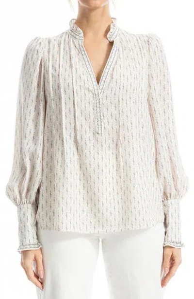 Max Studio Ruffle V-neck Long Sleeve Top In Natural Cotton Floral