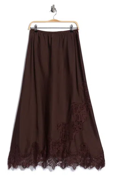 Max Studio Satin Lace Maxi Skirt In Chocolate/ Chocolate
