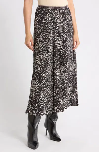 Max Studio Satin Midi Skirt In Black/ Ivory/ Rose Polka Dot