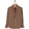 Max Studio Satin Tie Neck Button-up Shirt In Brown