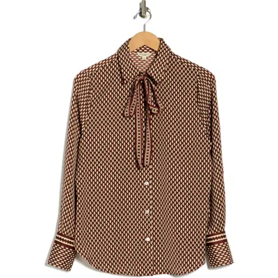 Max Studio Satin Tie Neck Button-up Shirt In Brown