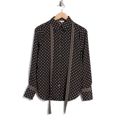Max Studio Satin Tie Neck Button-up Shirt In Black