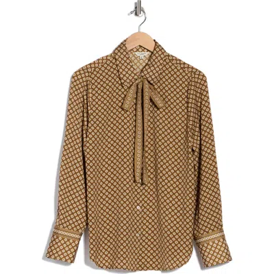 Max Studio Satin Tie Neck Button-up Shirt In Brown