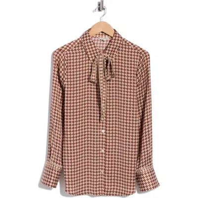 Max Studio Satin Tie Neck Button-up Shirt In Mauve/ Wine Geo Pentagon