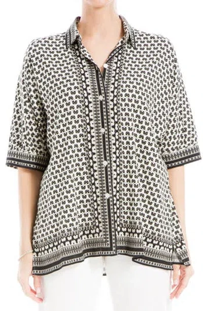 Max Studio Scarf Print Button-up Shirt In Cream/black Shell Beads Link