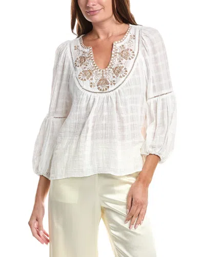 Max Studio Embroidered Long Sleeve Cotton Top In White