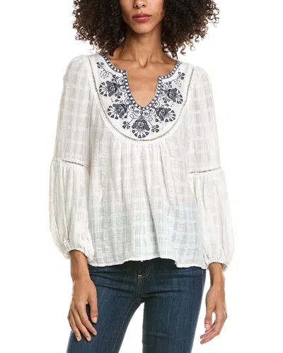 Max Studio Scoop Neck Cross Stitch Blouse In White