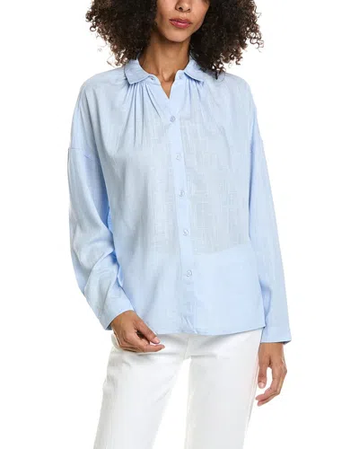 Max Studio Shirred Yoke Linen-blend Shirt In Blue