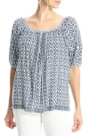 Max Studio Short Bubble Sleeve Blouse In Indgo/crm Ornt Elgnc