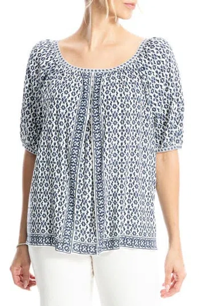 Max Studio Short Bubble Sleeve Blouse In Indgo/crm Ornt Elgnc