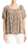 Max Studio Short Bubble Sleeve Blouse In Umber/crm Sml Orntl Pnl
