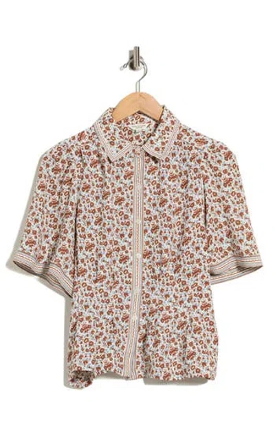 Max Studio Short Sleeve Button-up Shirt In Cream/ Chestnut Daisy