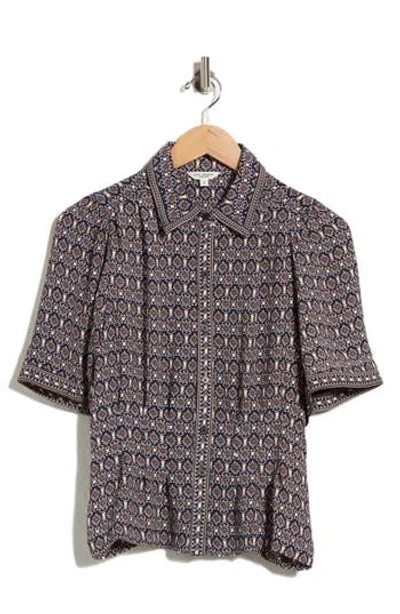 Max Studio Short Sleeve Button-up Shirt In Dk Navy/ Clay Rosette Tile