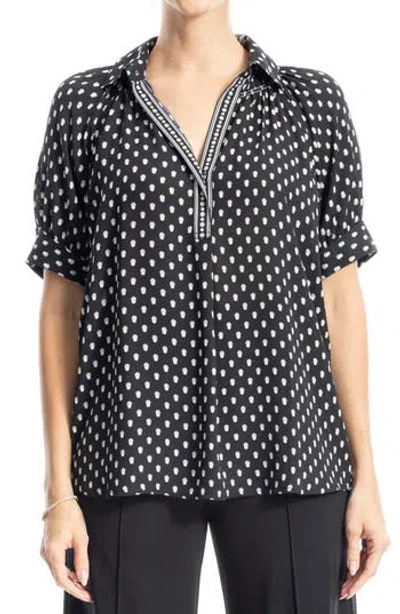 Max Studio Short Sleeve Crepe Blouse In Black/ecru Shadow Dots