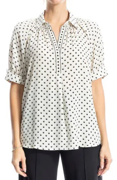 Max Studio Short Sleeve Crepe Blouse In Ecru/black Shadow Dots