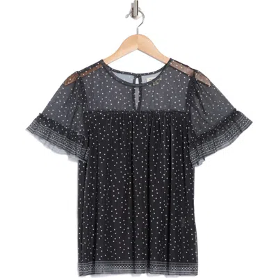Max Studio Short Sleeve Knit Mesh Top In Black Cream Dot