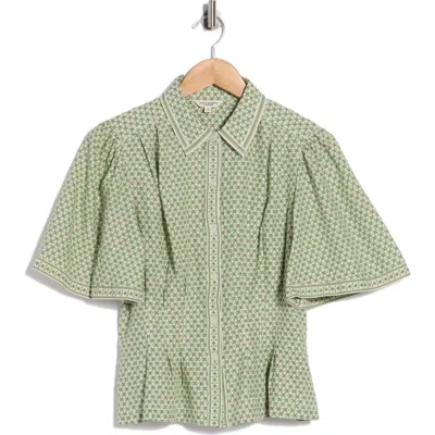 Max Studio Short Sleeve Peplum Button-up Shirt In Green