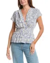 Max Studio Short Sleeve Pleat Front Blouse In Blue