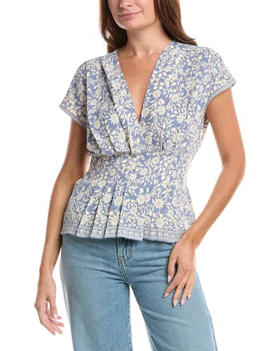 Max Studio Short Sleeve Pleat Front Blouse In Blue