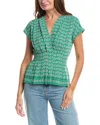 Max Studio Short Sleeve Pleat Front Blouse In Green