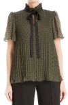 Max Studio Short Sleeve Pleated Clip Dot Top In Army/black