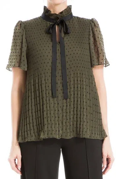 Max Studio Short Sleeve Pleated Clip Dot Top In Army/black