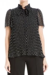 Max Studio Short Sleeve Pleated Clip Dot Top In Black/ecru Dot
