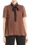 Max Studio Short Sleeve Pleated Clip Dot Top In Chestnut/black