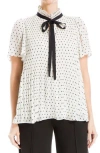 Max Studio Short Sleeve Pleated Clip Dot Top In Ecru/black