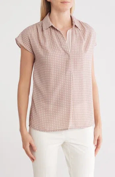 Max Studio Short Sleeve Popover Blouse In Mauve Pink/ivory Dot