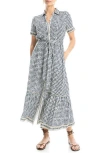 Max Studio Short Sleeve Shirtdress In Natural Blue Ikat Stamps