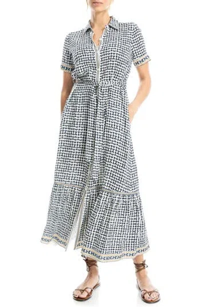 Max Studio Short Sleeve Shirtdress In Natural Blue Ikat Stamps