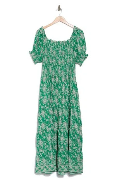 Max Studio Short Sleeve Smocked Tiered Maxi Dress In Green Rosette Toile