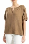 Max Studio Short Sleeve Split Neck Blouse In Brown