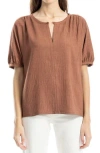 Max Studio Short Sleeve Split Neck Blouse In Chestnut