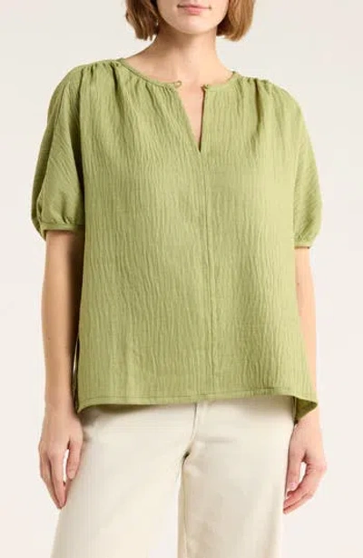 Max Studio Short Sleeve Split Neck Blouse In Green