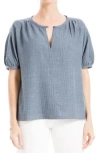 Max Studio Short Sleeve Split Neck Blouse In Heather Blue Steel
