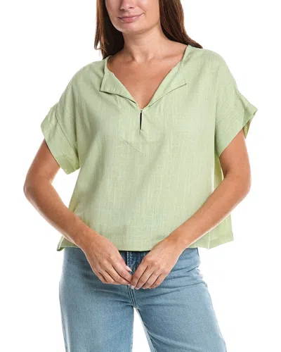 Max Studio Short Sleeve Split Neck Linen-blend Top In Green