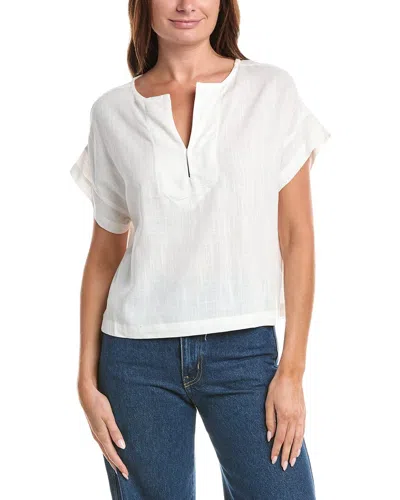 Max Studio Short Sleeve Split Neck Linen-blend Top In White