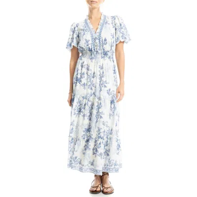 Max Studio Short Sleeve Tiered Georgette Maxi Dress In Blue/cream Edge Fiddlers