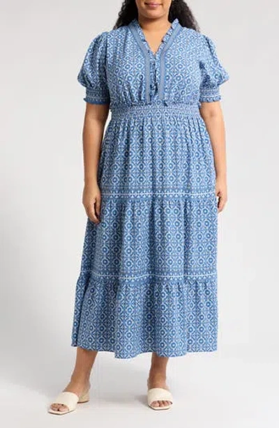 Max Studio Short Sleeve Tiered Maxi Dress In Blue