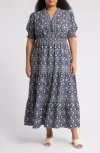 Max Studio Short Sleeve Tiered Maxi Dress In Blue